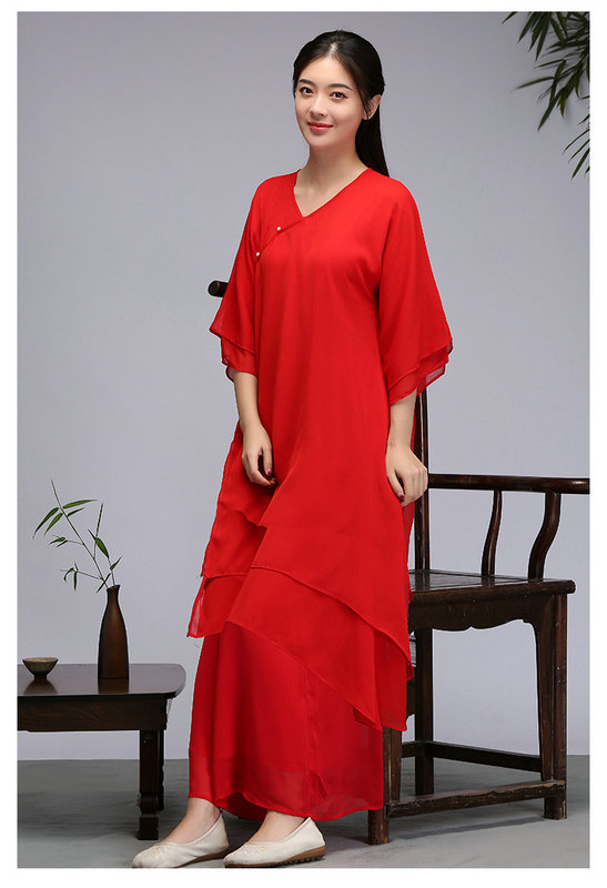 茶服女文艺复古气质中国风连衣裙 禅意改良汉服禅舞服民族风