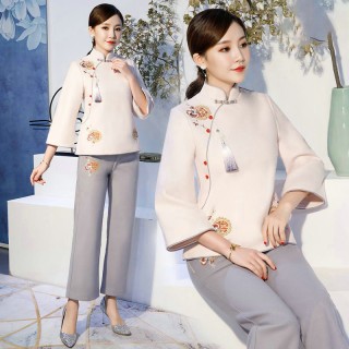 2019春季新款中国风复古毛呢中式汉服女旗袍套装裙茶服两件套