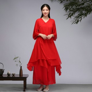 茶服女文艺复古气质中国风连衣裙 禅意改良汉服禅舞服民族风