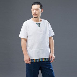 新夏装中国风棉麻短袖t恤复古花短袖V领拼色男式上衣宽松休闲汉服