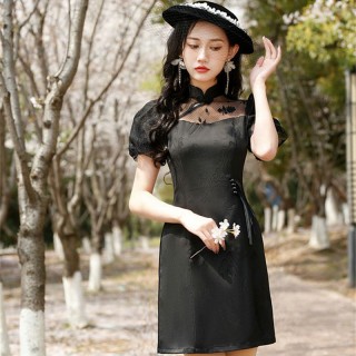 新款少女小个子短款旗袍连衣裙泡泡袖优雅时尚日常旗袍