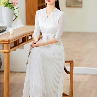 改良旗袍连衣裙国风复古腰封修身气质长款百褶摆裙