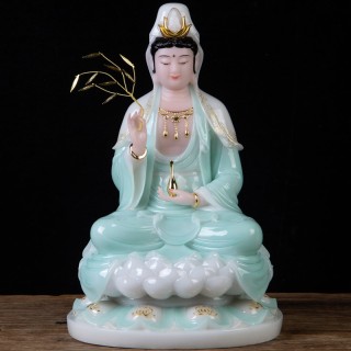 天蓝手绘汉白玉观音菩萨佛像南海观世音神像家居供奉保平安观自在 