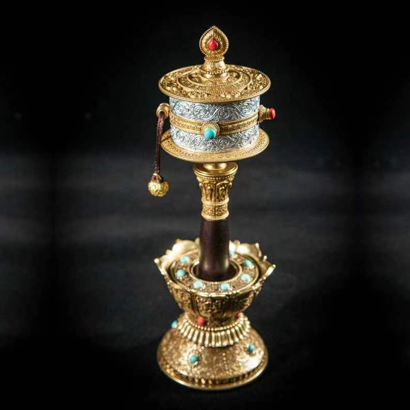 手摇转经轮底座纯铜莲花八吉祥西藏转经筒底托雕花家居桌面小摆件