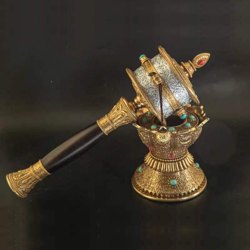 手摇转经轮底座纯铜莲花八吉祥西藏转经筒底托雕花家居桌面小摆件