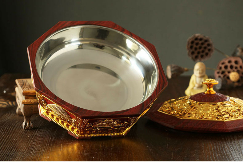 厂家直销藏式八吉祥八角果盘素面供果盘干果盒不锈钢内胆茶几摆件