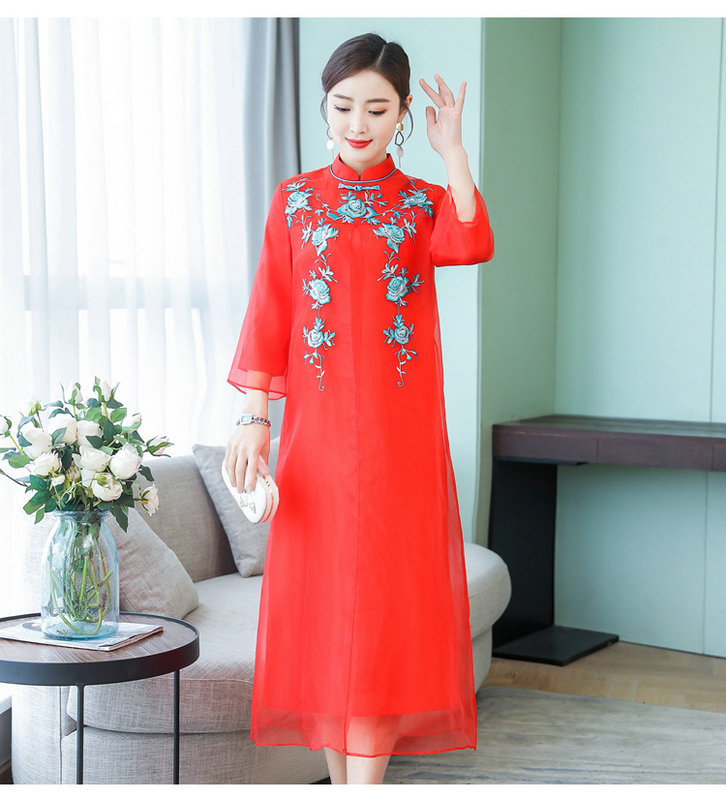 2019春夏中国风复古民族风改良旗袍假两件中长款连衣裙女