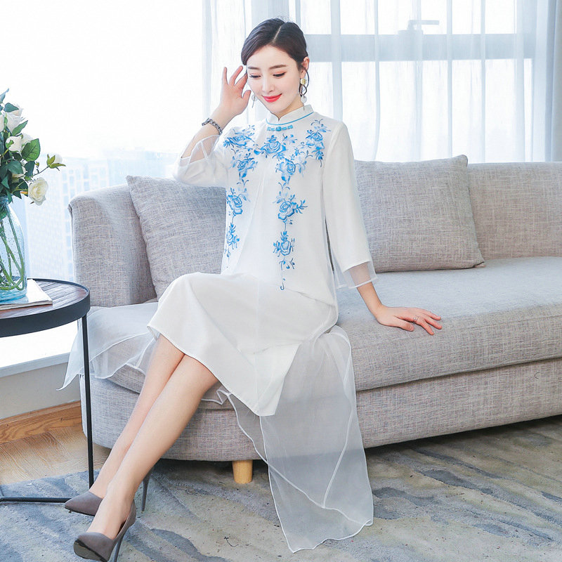 2019春夏中国风复古民族风改良旗袍假两件中长款连衣裙女