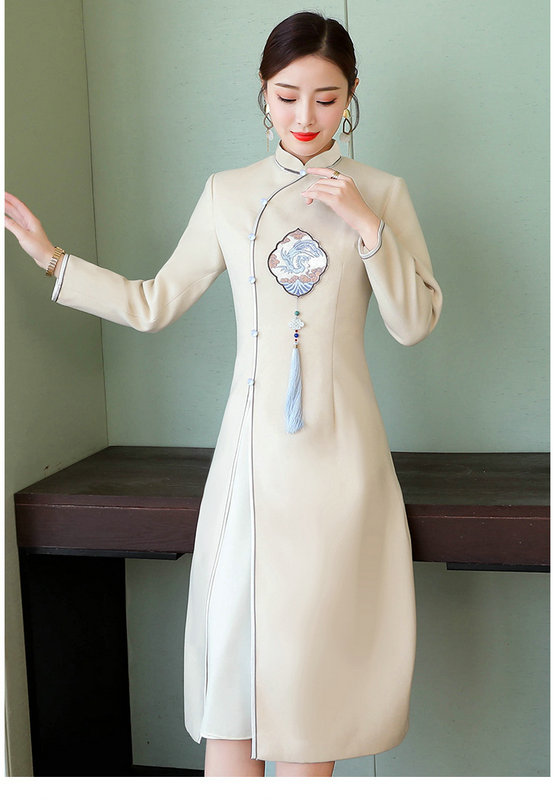 冬装新款改良优雅复古中国风文艺加厚毛呢旗袍裙