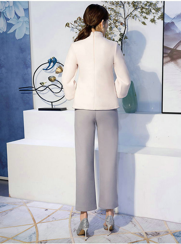 2019春季新款中国风复古毛呢中式汉服女旗袍套装裙茶服两件套