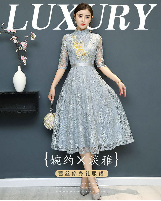 新款春季中式中袖礼服蕾丝旗袍 晚宴超大摆连衣裙