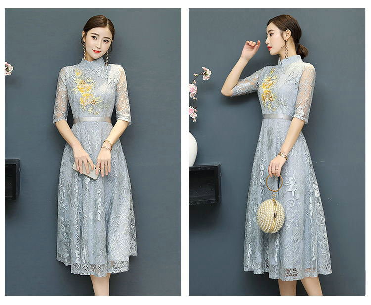 新款春季中式中袖礼服蕾丝旗袍 晚宴超大摆连衣裙