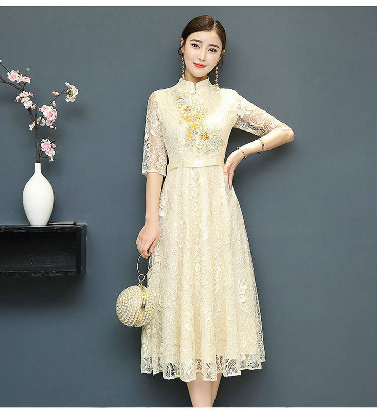新款春季中式中袖礼服蕾丝旗袍 晚宴超大摆连衣裙