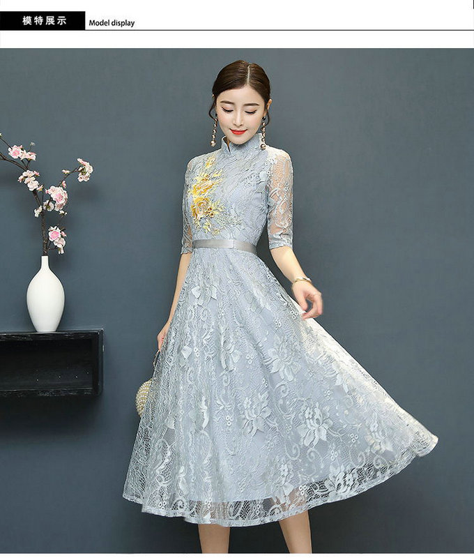 新款春季中式中袖礼服蕾丝旗袍 晚宴超大摆连衣裙