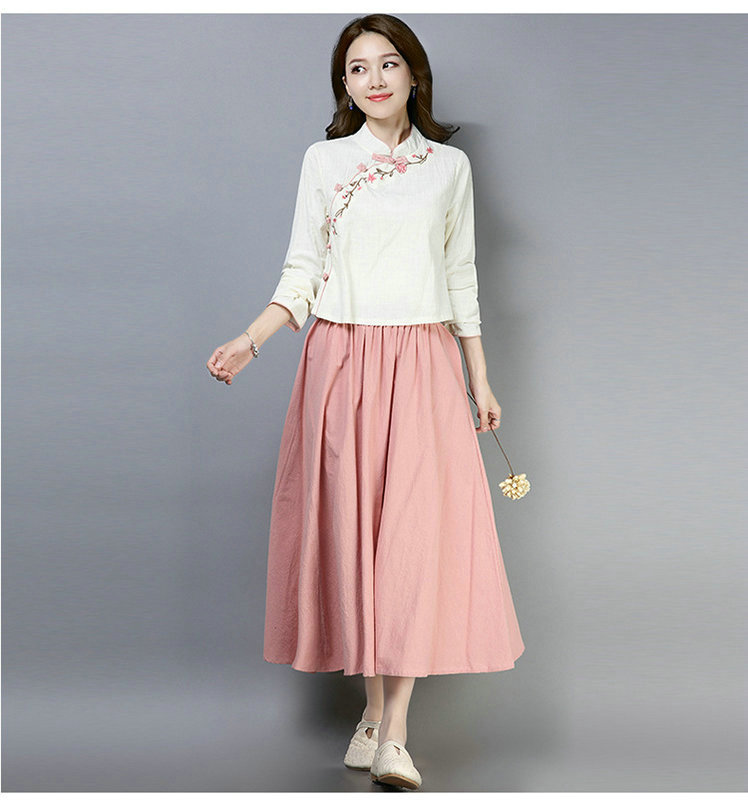 秋新款民族风棉麻女装文艺复古立领绣花上衣半身裙套装