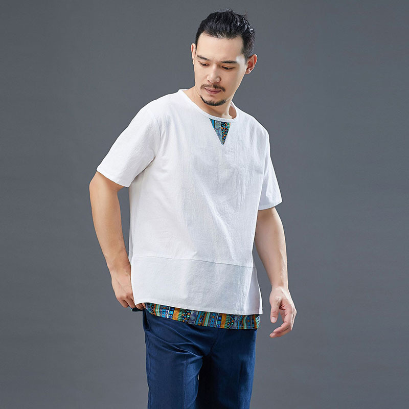 新夏装中国风棉麻短袖t恤复古花短袖V领拼色男式上衣宽松休闲汉服