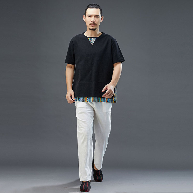 新夏装中国风棉麻短袖t恤复古花短袖V领拼色男式上衣宽松休闲汉服