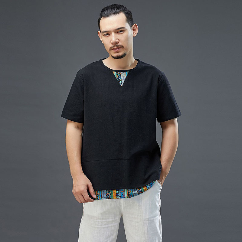 新夏装中国风棉麻短袖t恤复古花短袖V领拼色男式上衣宽松休闲汉服