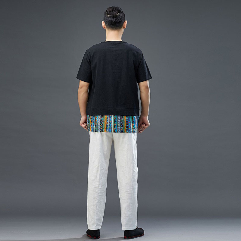 新夏装中国风棉麻短袖t恤复古花短袖V领拼色男式上衣宽松休闲汉服