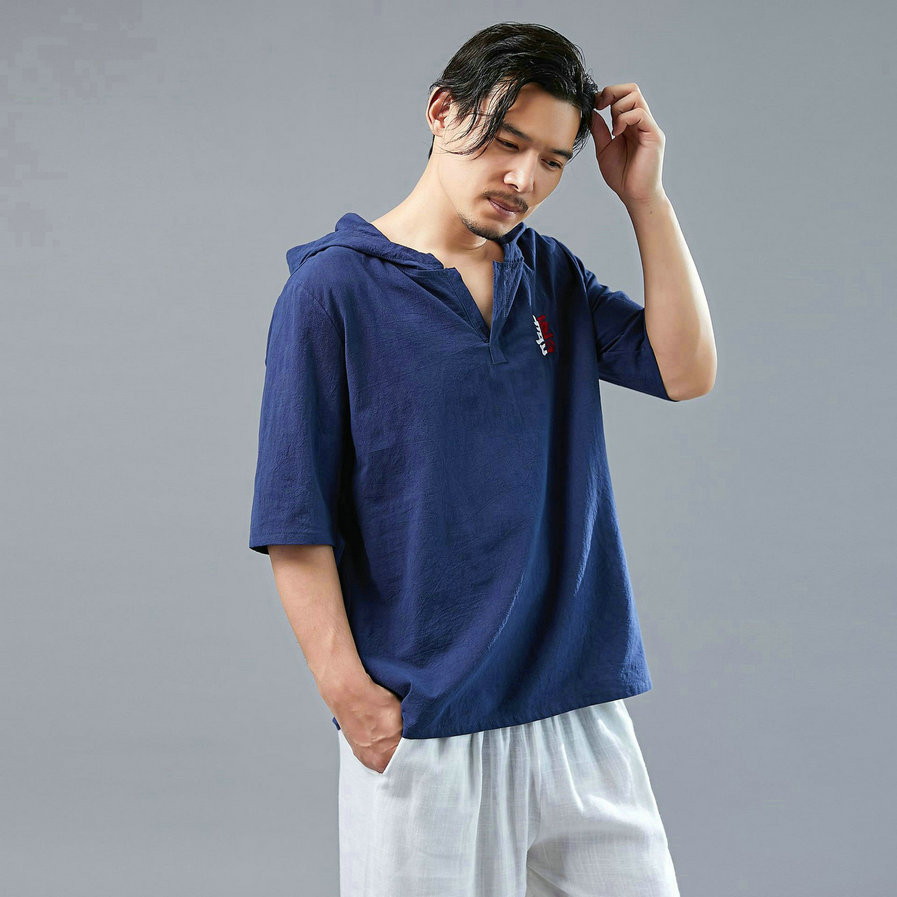 中国风棉麻短袖刺绣男式T恤