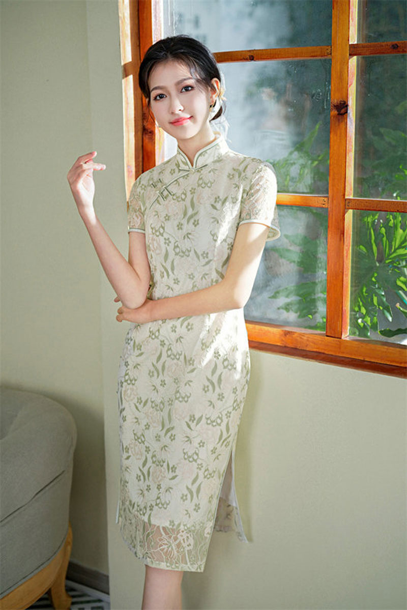 春夏新款复合蕾丝刺绣长款旗袍连衣裙日常改良少女年轻款旗袍
