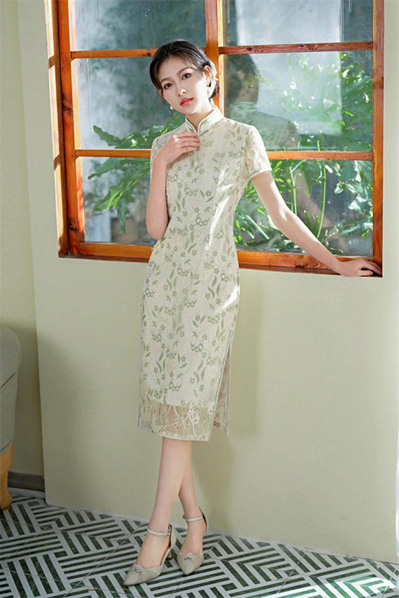 春夏新款复合蕾丝刺绣长款旗袍连衣裙日常改良少女年轻款旗袍