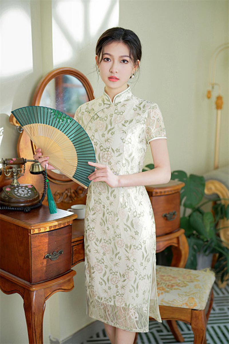 春夏新款复合蕾丝刺绣长款旗袍连衣裙日常改良少女年轻款旗袍