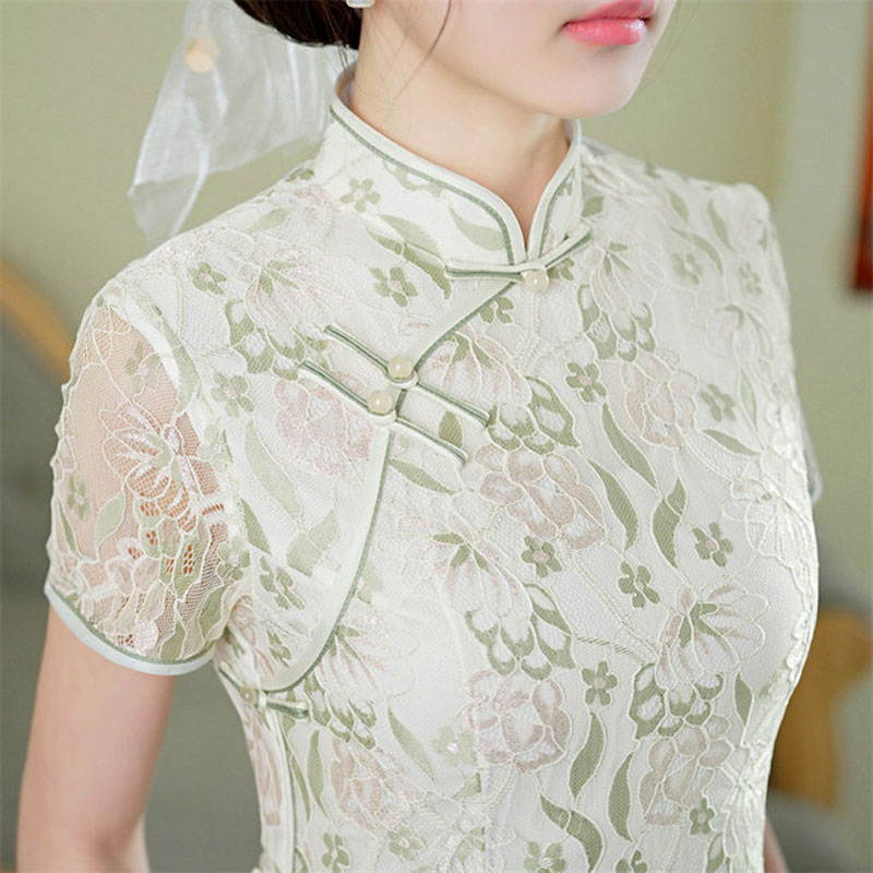 春夏新款复合蕾丝刺绣长款旗袍连衣裙日常改良少女年轻款旗袍