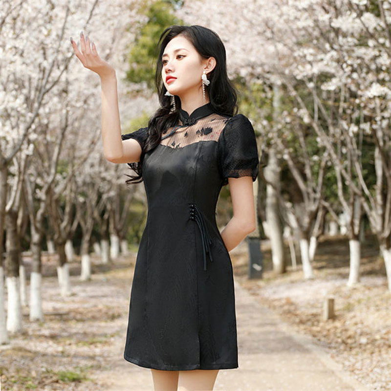 新款少女小个子短款旗袍连衣裙泡泡袖优雅时尚日常旗袍