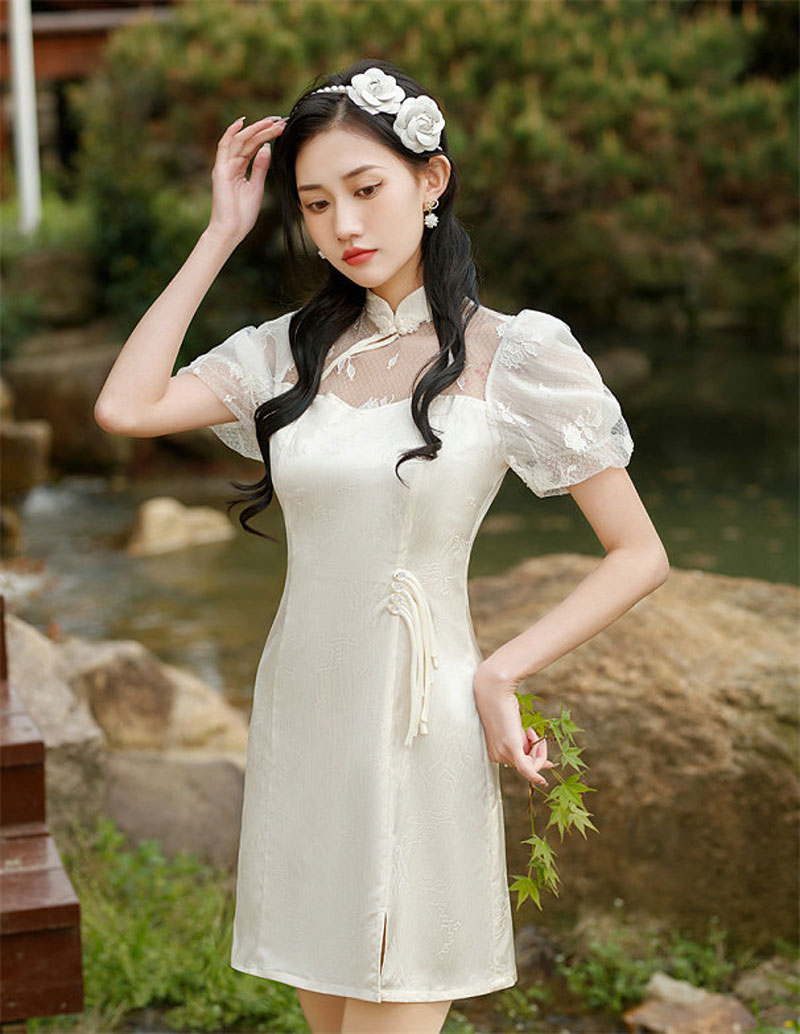 新款少女小个子短款旗袍连衣裙泡泡袖优雅时尚日常旗袍