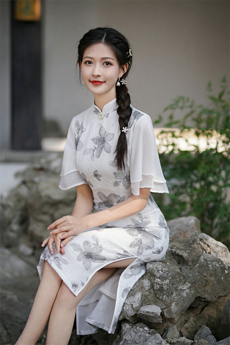 夏季修身显瘦淑女年轻飞飞袖拼接连衣裙旗袍