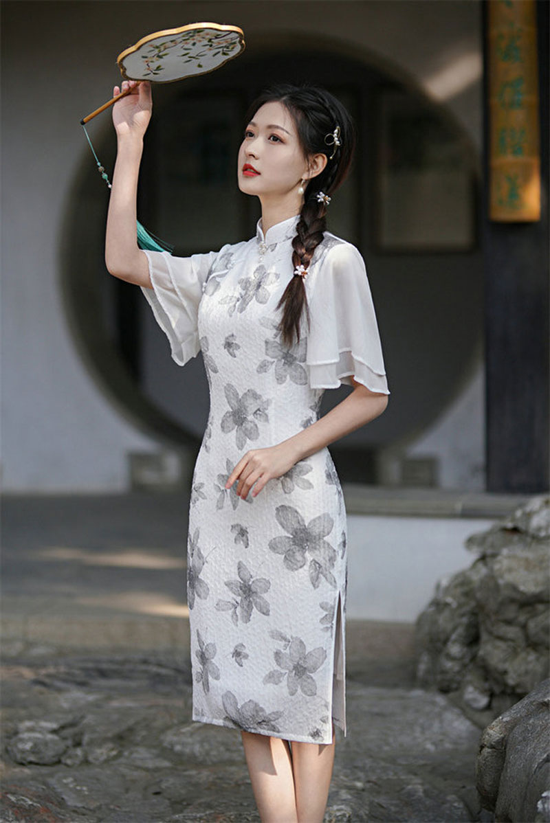 夏季修身显瘦淑女年轻飞飞袖拼接连衣裙旗袍