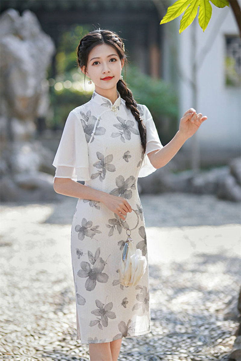 夏季修身显瘦淑女年轻飞飞袖拼接连衣裙旗袍