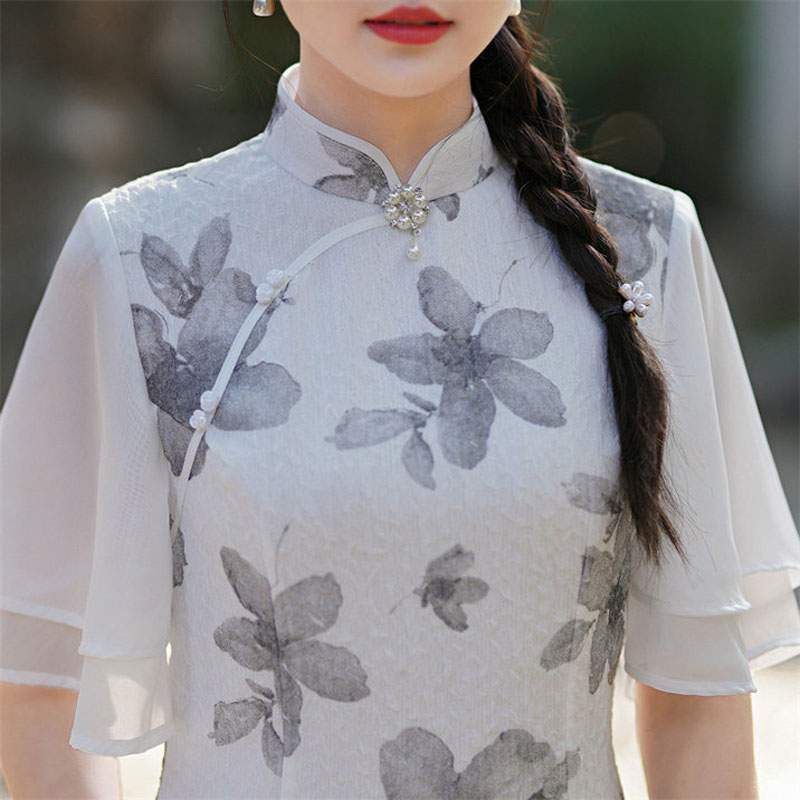 夏季修身显瘦淑女年轻飞飞袖拼接连衣裙旗袍