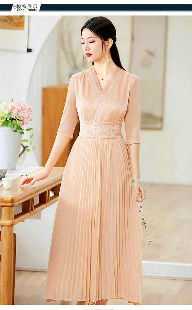 改良旗袍连衣裙国风复古腰封修身气质长款百褶摆裙