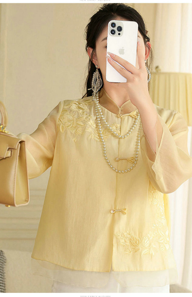 女士衬衫改良新中式唐装时尚国潮刺绣中式立领中长袖上衣外套