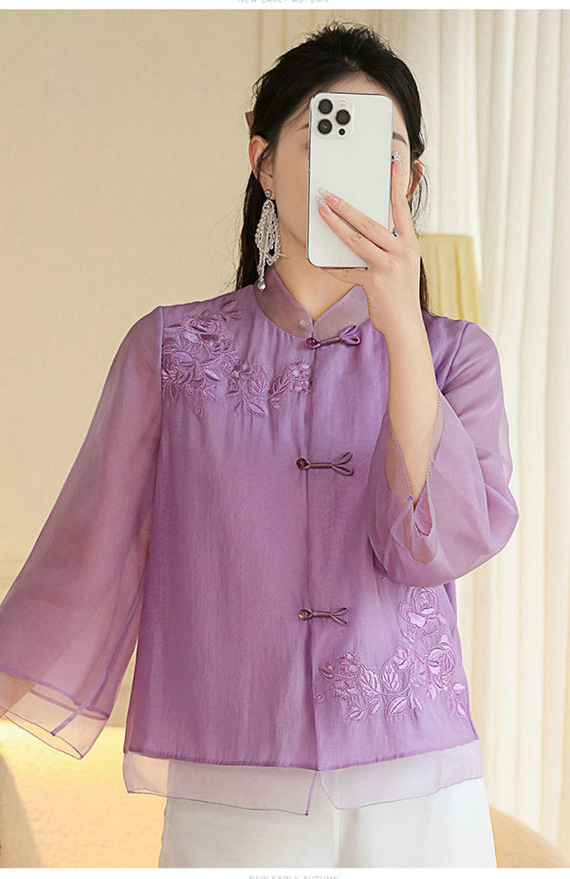 女士衬衫改良新中式唐装时尚国潮刺绣中式立领中长袖上衣外套