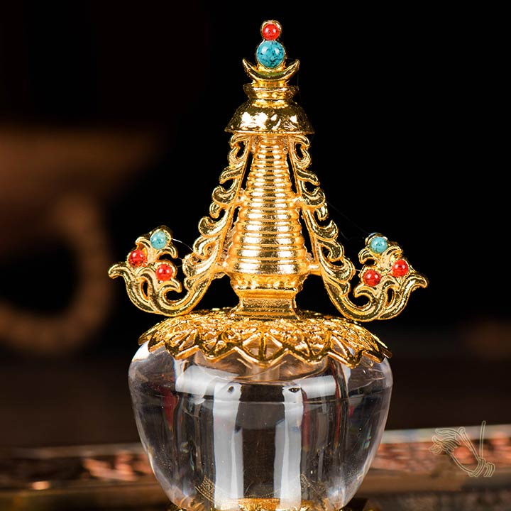 水晶舍利塔佛塔装藏舍利子甘露丸密宗法器6寸精品鎏金菩提塔摆件 