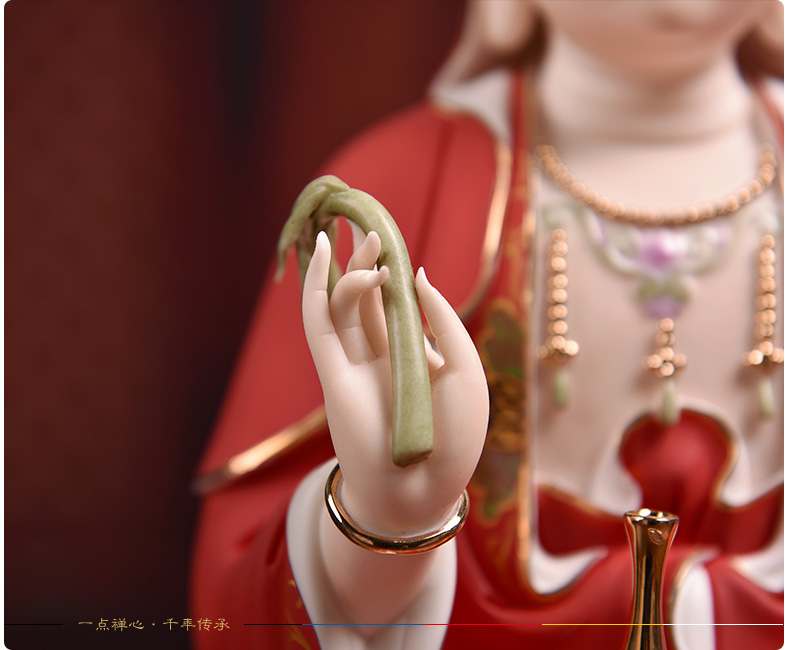 观音菩萨供奉佛像陶瓷摆件14吋描金边红衣彩坐莲观世音