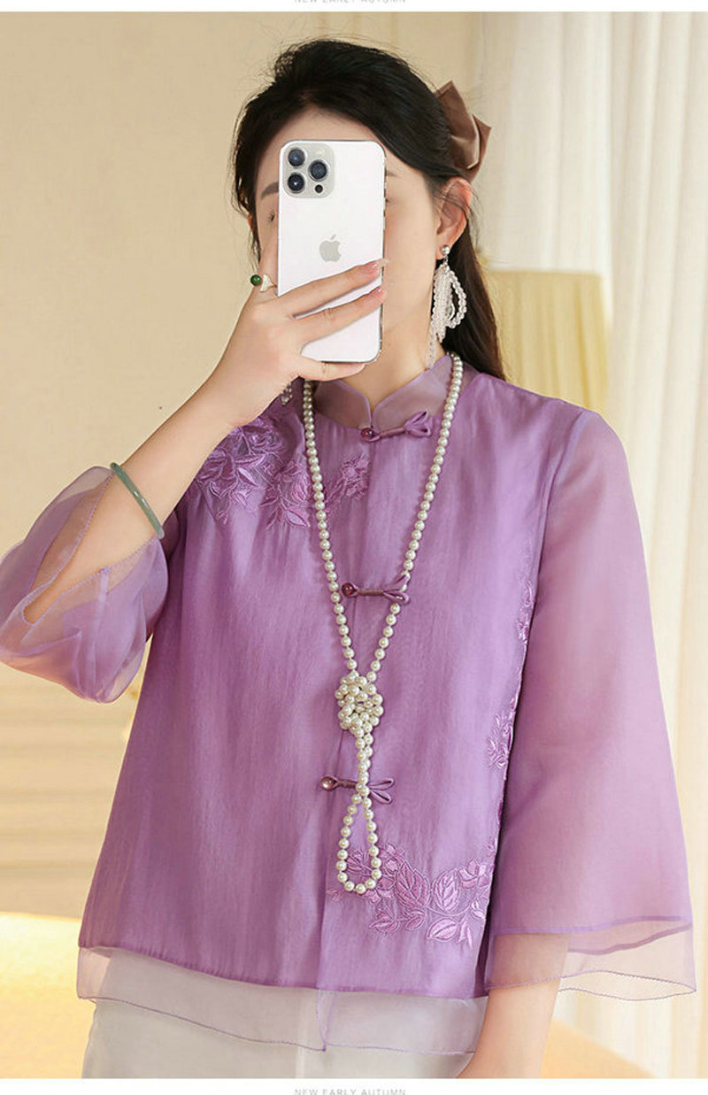 女士衬衫改良新中式唐装时尚国潮刺绣中式立领中长袖上衣外套