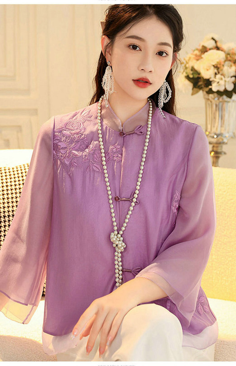 女士衬衫改良新中式唐装时尚国潮刺绣中式立领中长袖上衣外套